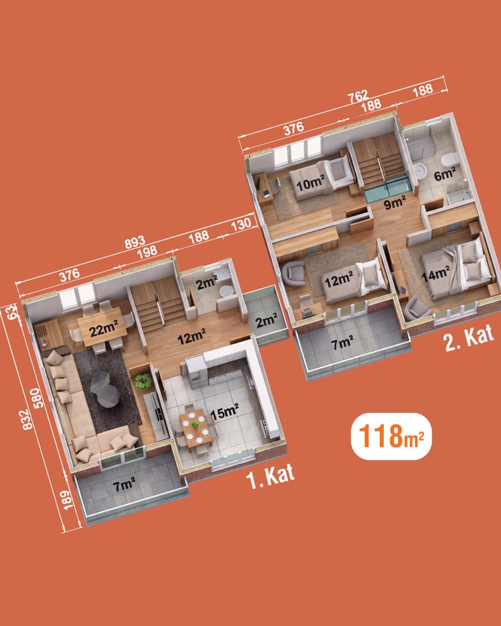 118 m² Çift Katlı Prefabrik Ev — 2