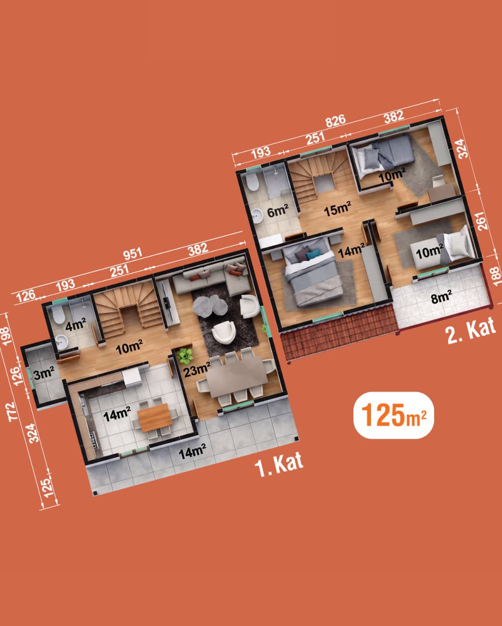 125 m² Çift Katlı Prefabrik Ev
