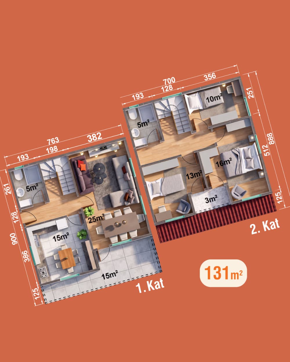 131 m² Çift Katlı Prefabrik Ev — 2