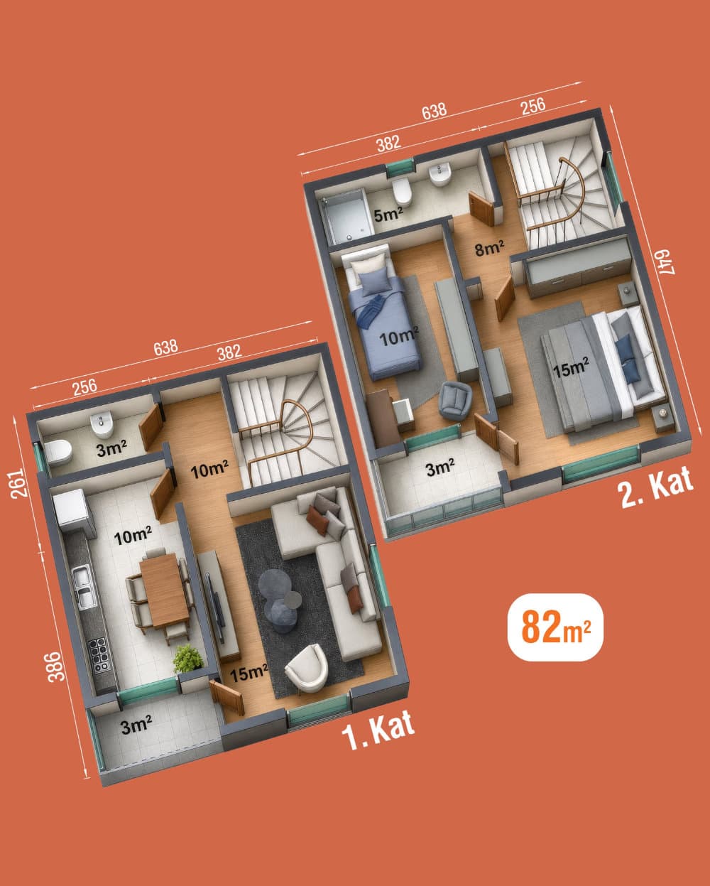 82 m² Çift Katlı Prefabrik Ev — 2