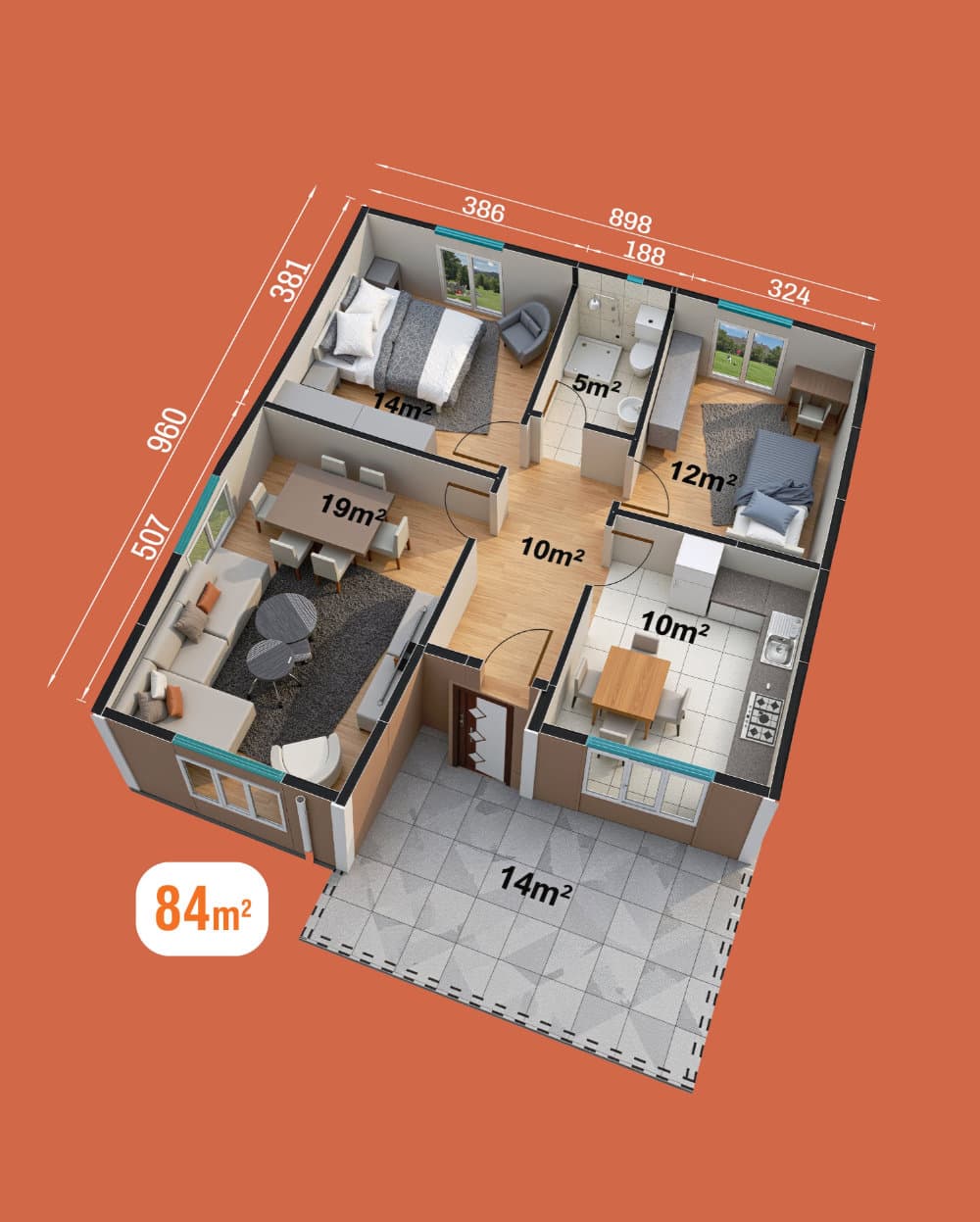 84 m² Tek Katlı Prefabrik Ev — Model 2 — 2